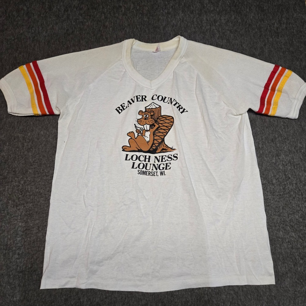 Vintage 70s 3 Stripe Ringer T-Shirt Mens White Beaver Country Mesh